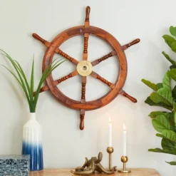 Wood Sail Boat Ship Wheel Wall Decor With Gold Hardware Brown - Olivia & May 11 Wood Sail Boat Ship Wheel Wall Decor With Gold Hardware Brown - Olivia & May -Home Improvement Store GUEST 0049a181 1815 454b a253 d026d7c55157