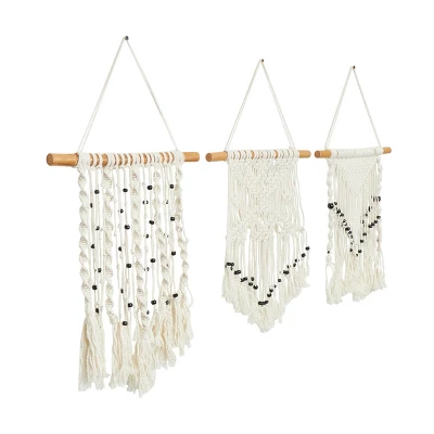 Set Of 3 Cotton Macrame Handmade Intricately Weaved Wall Decors With Beaded Fringe Tassels Cream - The Novogratz 10 Set Of 3 Cotton Macrame Handmade Intricately Weaved Wall Decors With Beaded Fringe Tassels Cream - The Novogratz - Image 8