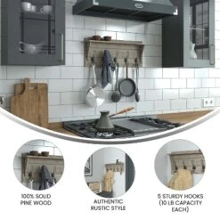 Merrick Lane Pine Wood 24 Inch Wall Mount Storage Rack With 5 Hanging Hooks And Upper Display Shelf -Home Improvement Store GUEST 025be7f4 6880 4025 a5b7 9daa6b445bdc