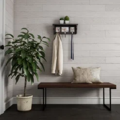 Wall Shelf And Picture Collage With Ledge And 3 Hanging Hooks- Photo Frame Decor Shelving With Modern Look, Holds 3 Photos By Hastings Home (Black) -Home Improvement Store GUEST 067a76ee b37e 4775 b029 5c36aa641673