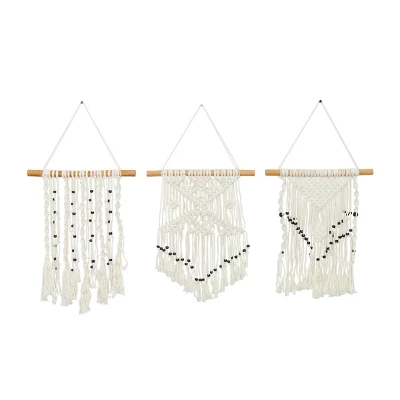 Set Of 3 Cotton Macrame Handmade Intricately Weaved Wall Decors With Beaded Fringe Tassels Cream - The Novogratz 3 Set Of 3 Cotton Macrame Handmade Intricately Weaved Wall Decors With Beaded Fringe Tassels Cream - The Novogratz