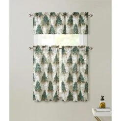 Kate Aurora Christmas Trees & Evergreens Complete Semi Sheer Kitchen Curtain Tier & Valance Set