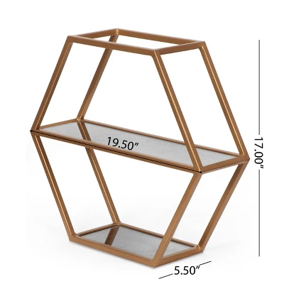 17" Lepley Modern Glam Handcrafted Glass 2 Shelf Hexagonal Decorative Shelf Antique Gold - Christopher Knight Home 8 17" Lepley Modern Glam Handcrafted Glass 2 Shelf Hexagonal Decorative Shelf Antique Gold - Christopher Knight Home - Image 6
