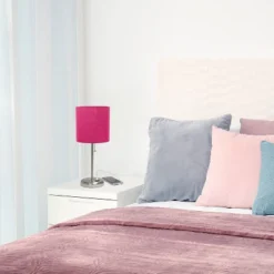 19.5" Bedside USB Port Feature Metal Table Desk Lamp Brushed Steel With Pink Fabric Shade - Creekwood Home -Home Improvement Store GUEST 1fa52e27 b906 498b 81bb 3d14bd8b7ba6