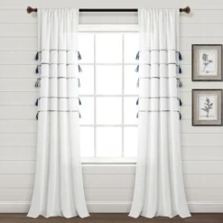 Home Boutique Farmhouse Boho Stripe Woven Tassel Yarn Dyed Cotton Window Curtain Panels Navy Ombre 42X84 Set