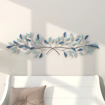 15" X 52" Metal Leaf Wall Decor With Gold Accent Blue - Olivia & May 4 15" X 52" Metal Leaf Wall Decor With Gold Accent Blue - Olivia & May - Image 2
