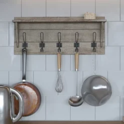 Merrick Lane Pine Wood 24 Inch Wall Mount Storage Rack With 5 Hanging Hooks And Upper Display Shelf -Home Improvement Store GUEST 3cd9aa3d 93b7 4338 9283 6f20574e5022