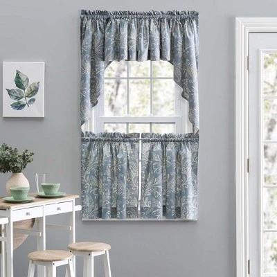 Ellis Curtain Lexington Leaf Pattern On Colored Ground Curtain Tiers Blue 4 Ellis Curtain Lexington Leaf Pattern On Colored Ground Curtain Tiers Blue - Image 2