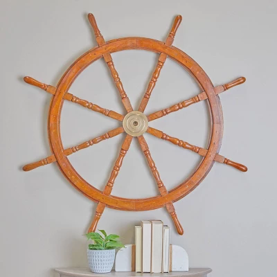 Wood Sail Boat Ship Wheel Wall Decor With Gold Hardware Brown - Olivia & May 8 Wood Sail Boat Ship Wheel Wall Decor With Gold Hardware Brown - Olivia & May - Image 6