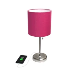 19.5" Bedside USB Port Feature Metal Table Desk Lamp Brushed Steel With Pink Fabric Shade - Creekwood Home -Home Improvement Store GUEST 4ce22629 0972 47ec 87f4 ffe6392c5a8c