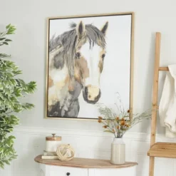 Modern Farmhouse Canvas Horse Framed Wall Art With Gold Frame Brown - Olivia & May