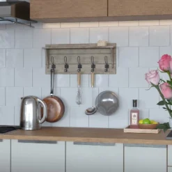 Merrick Lane Pine Wood 24 Inch Wall Mount Storage Rack With 5 Hanging Hooks And Upper Display Shelf -Home Improvement Store GUEST 54e12820 a822 403f b044 ccf1c2a10348