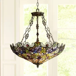 Home Improvement Store 19 Robert Louis Tiffany Bronze Pendant Chandelier 22" Wide Rustic Floral Garden Stained Glass 3-Light Fixture For Dining Room House Foyer Kitchen Island
