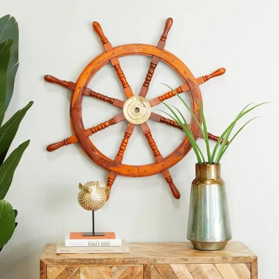 Wood Sail Boat Ship Wheel Wall Decor With Gold Hardware Brown - Olivia & May 7 Wood Sail Boat Ship Wheel Wall Decor With Gold Hardware Brown - Olivia & May - Image 5