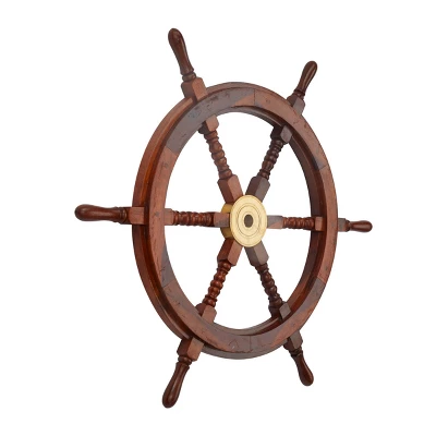 Wood Sail Boat Ship Wheel Wall Decor With Gold Hardware Brown - Olivia & May 5 Wood Sail Boat Ship Wheel Wall Decor With Gold Hardware Brown - Olivia & May - Image 3