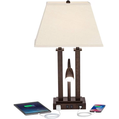 Possini Euro Design Deacon Modern Desk Table Lamp 26" High Bronze With USB And AC Power Outlet In Base LED Reading Light Oatmeal Shade For Office Desk 5 Possini Euro Design Deacon Modern Desk Table Lamp 26" High Bronze With USB And AC Power Outlet In Base LED Reading Light Oatmeal Shade For Office Desk - Image 3