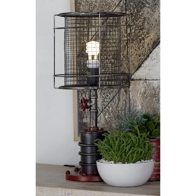 10" X 21" Industrial Accent Lamp With Iron Wire Cage Shade Red/Black - Olivia & May 3 10" X 21" Industrial Accent Lamp With Iron Wire Cage Shade Red/Black - Olivia & May