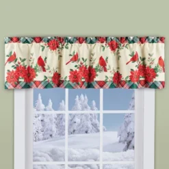 Collections Etc Cardinal And Poinsettia Plaid Border Window Valance