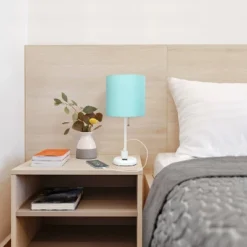 19.5" Bedside Power Outlet Base Metal Table Desk Lamp In White With Aqua Blue Fabric Shade - Creekwood Home -Home Improvement Store GUEST a5710162 aa86 41e0 88b7 204f955ab3a6