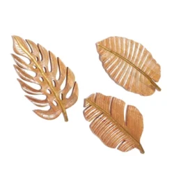 Set Of 3 Mango Wood Leaf Handmade Carved Wall Decors Brown - Olivia & May