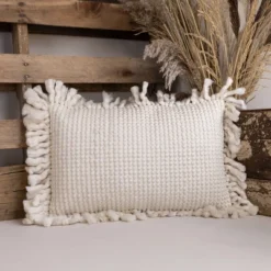 14X22 Inch Hand Woven Yarn Tassel Pillow White Cotton & Acrylic With Polyester Fill By Foreside Home & Garden