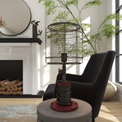 10" X 21" Industrial Accent Lamp With Iron Wire Cage Shade Red/Black - Olivia & May 23 10" X 21" Industrial Accent Lamp With Iron Wire Cage Shade Red/Black - Olivia & May -Home Improvement Store GUEST b9c3ab70 78be 467d 9e36 384650e7329a