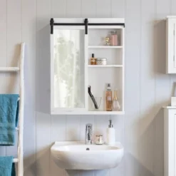 22" X 28" Wexton Decorative Farmhouse Wall Cabinet With Sliding Mirror Door White - Kate & Laurel All Things Decor -Home Improvement Store GUEST c52c9803 79a6 4825 ae02 20a55bef7575