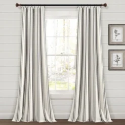 Home Boutique Farmhouse Stripe Yarn Dyed Cotton Window Curtain Panels Dark Gray 42X84 Set