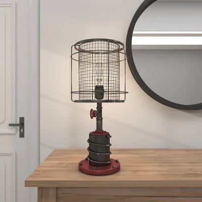 10" X 21" Industrial Accent Lamp With Iron Wire Cage Shade Red/Black - Olivia & May 7 10" X 21" Industrial Accent Lamp With Iron Wire Cage Shade Red/Black - Olivia & May - Image 5