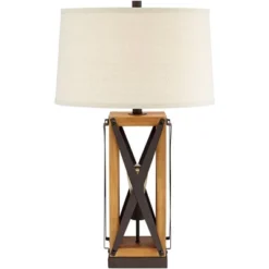 Franklin Iron Works Gaines Rustic Farmhouse Table Lamp 28 1/2" Tall Bronze Wood With LED Nightlight Off White Burlap Drum Shade For Bedroom House Home -Home Improvement Store GUEST e0f2cae7 60ae 45cc 987d 7e4a8d94e71d