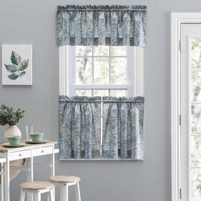 Ellis Curtain Lexington Leaf Pattern On Colored Ground Curtain Tiers Blue 3 Ellis Curtain Lexington Leaf Pattern On Colored Ground Curtain Tiers Blue