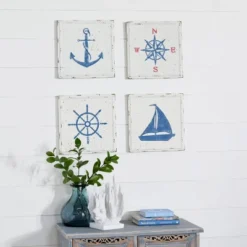 Set Of 4 Metal Sail Boat Speckled Wall Decors With Anchor Compass And Ship Wheel Cream - Olivia & May