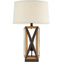 Franklin Iron Works Gaines Rustic Farmhouse Table Lamp 28 1/2" Tall Bronze Wood With LED Nightlight Off White Burlap Drum Shade For Bedroom House Home -Home Improvement Store GUEST f3ad3aae 7a46 4b96 8bc4 e0531e719c10