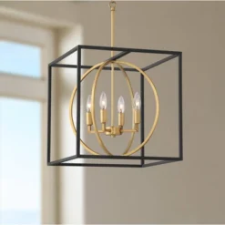 Home Improvement Store 21 Possini Euro Design Black Warm Brass Cage Foyer Pendant Chandelier 16 1/2" Wide 4-Light Mid Century Modern For Dining Room House