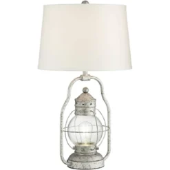 Franklin Iron Works Bodie Rustic Industrial Table Lamp 26" High Distressed Silver With USB Charging Port Nightlight LED Off White Linen Shade For Desk -Home Improvement Store GUEST fb8b18fa aab4 4934 865b 7641e036cc17