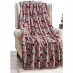 Kate Aurora Ultra Soft & Cozy Christmas Plaid Reindeer Plush Throw Blanket Cover - 50 In. W X 60 In. L